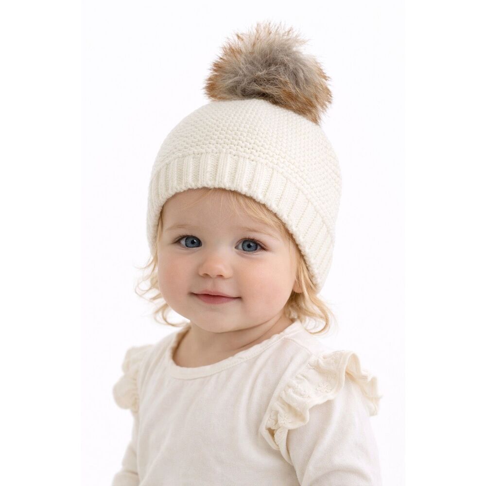 Baby Girl Cream Knit Beanie Hat Faux Fur Pom Pom Winter Cap 12M Toddler